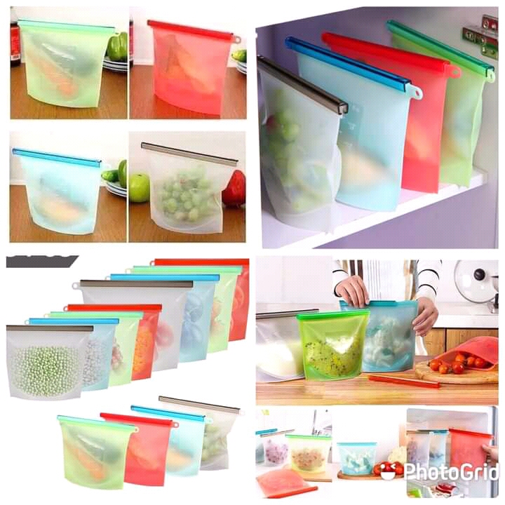 Reusable silicone food storage fridge bags with a zipper