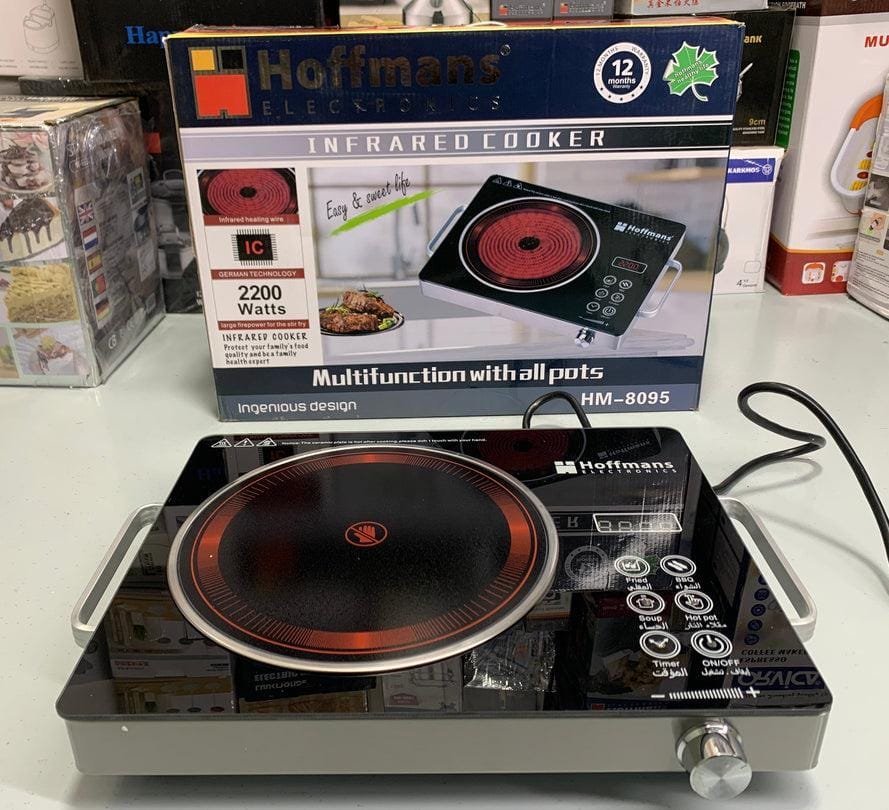 Hoffmans Electronic Infrared Cooker featuring a distinctive wood grain finish