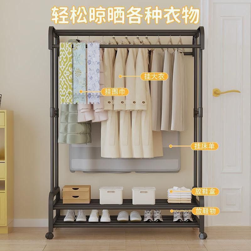 Double pole wheeled cloth rack with a bottom shoe rack
